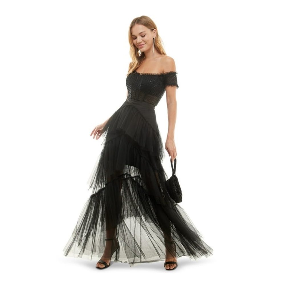 CITY STUDIO Tiered-Tulle Glitter-Knit Evening Dress Gown Black 15
